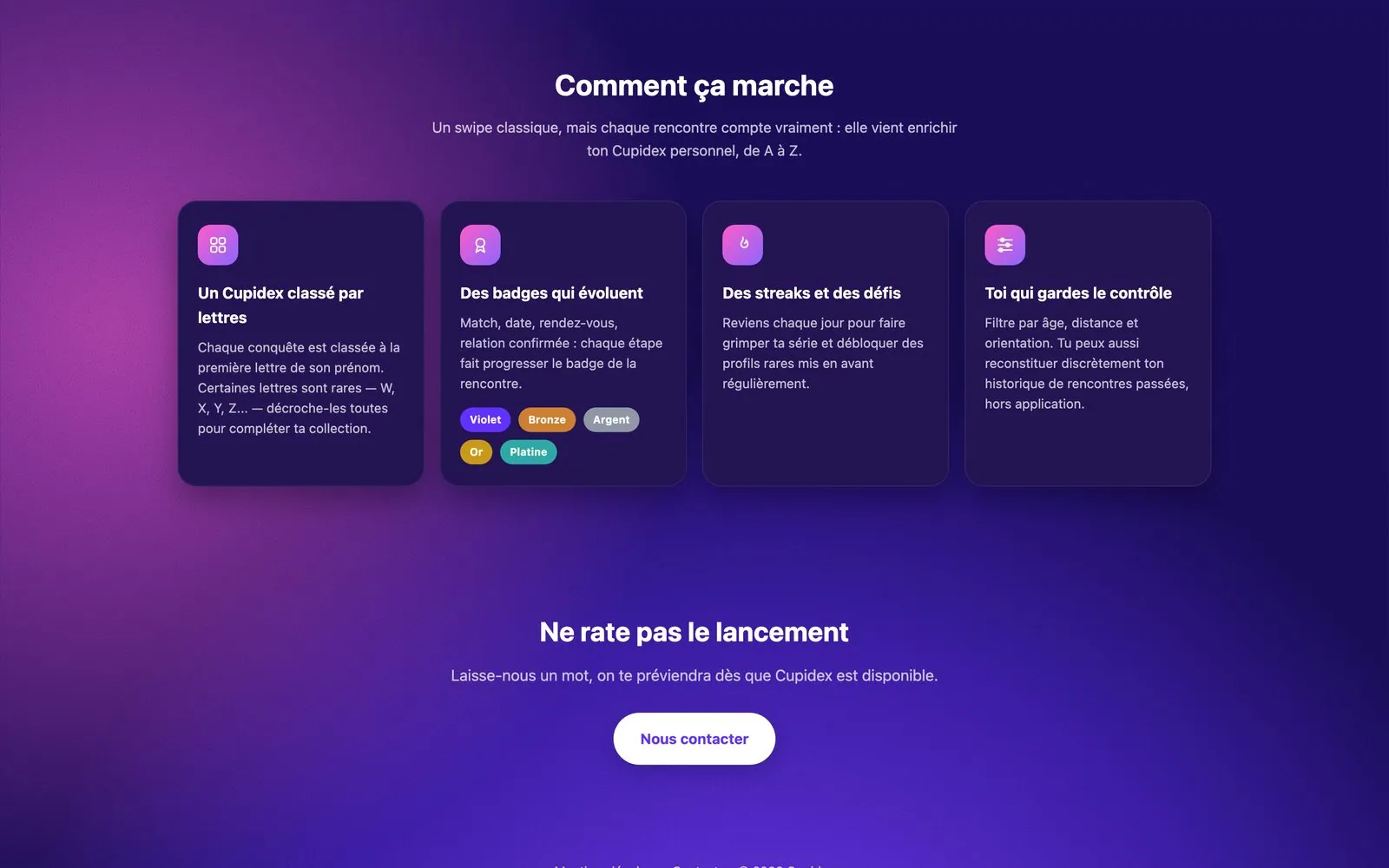 Site de lancement Cupidex, capture d'écran